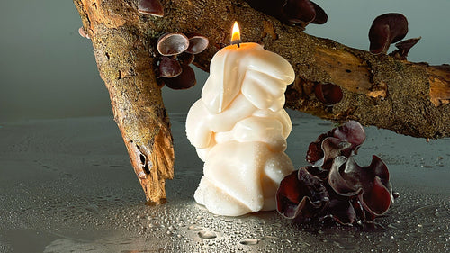 A post objects sculptural white candle with a small flame, styled on a wet reflective surface with a log of wood and dark redwood mushrooms against a muted gray-green background.