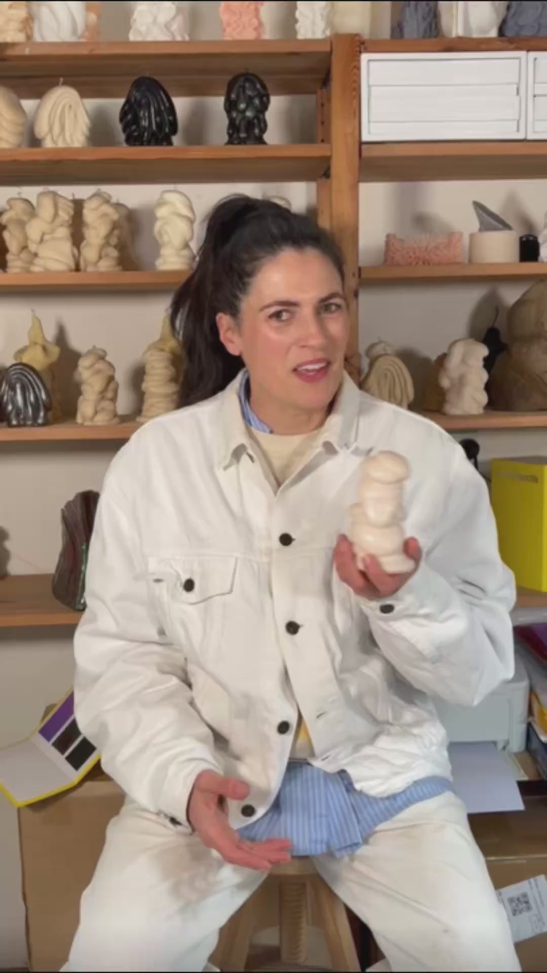 Load video: Liz Wycherley the founder of Post Objects in her studio describing how her sculptural candles idea came to her.
