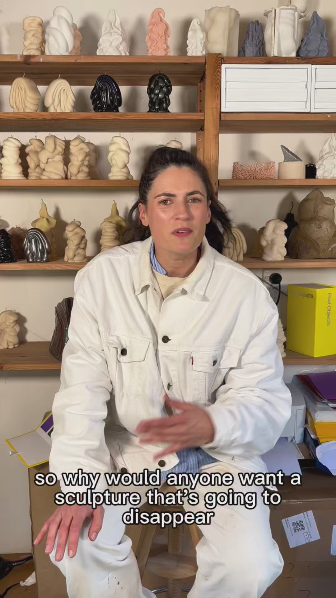 Load video: Liz Wycherley the founder of Post Objects in her studio describing how her sculptural candles idea came to her.