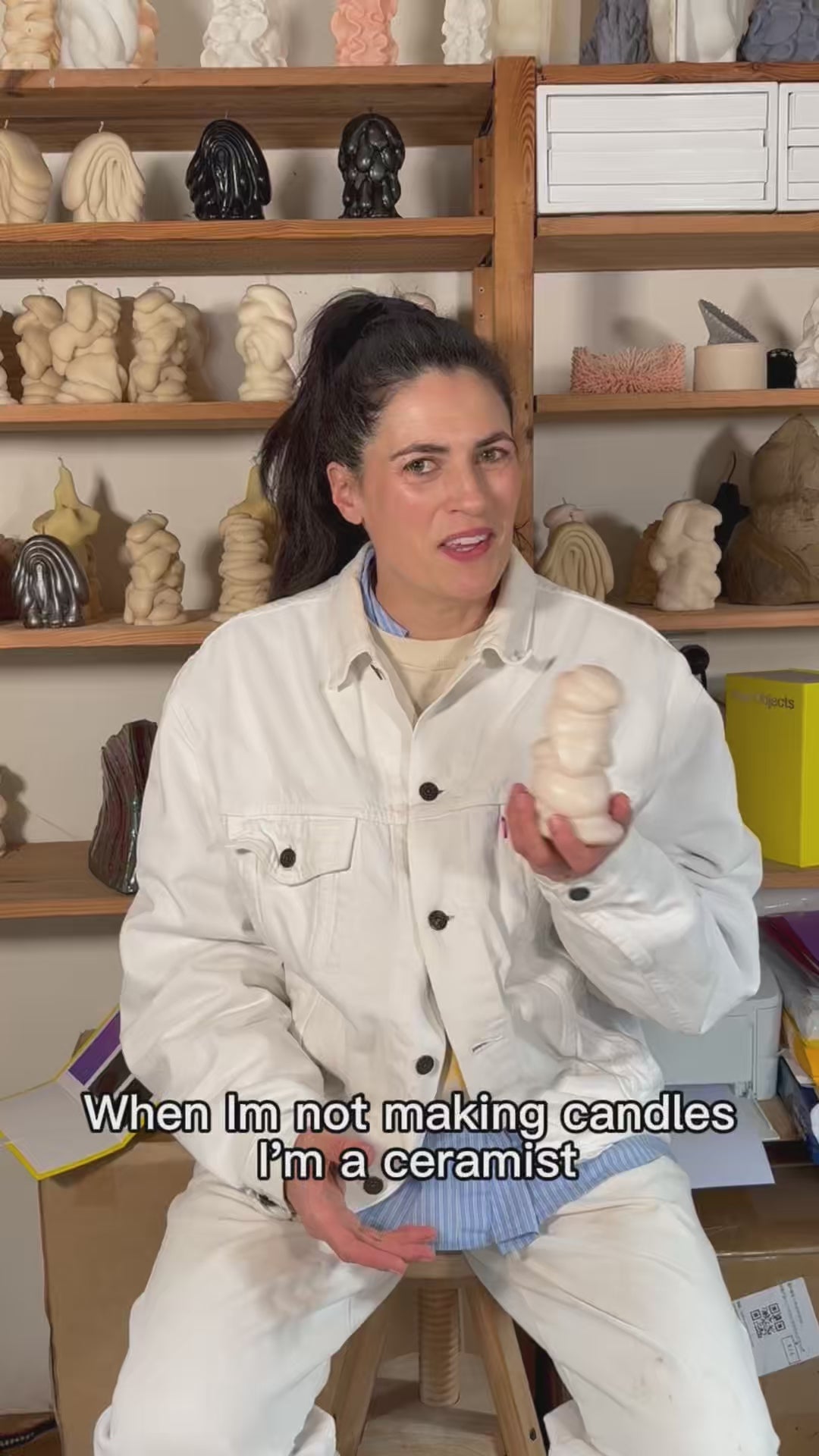 Load video: Liz Wycherley the founder of Post Objects in her studio describing how her sculptural candles idea came to her.