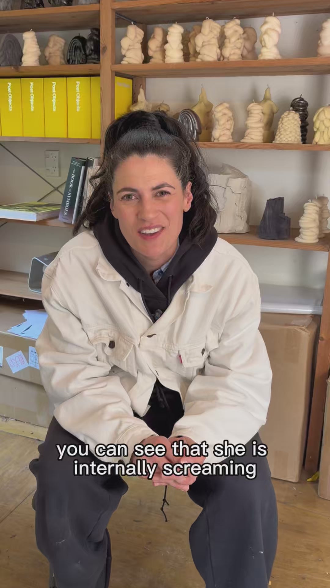 Load video: Liz Wycherley the founder of Post Objects in her studio describing how Post objects her sculptural candle company works