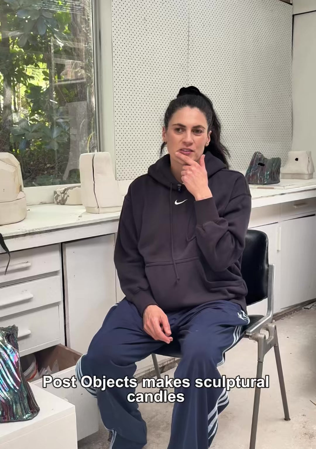Load video: Liz Wycherley the founder of Post Objects in her studio describing how Post objects her sculptural candle company works