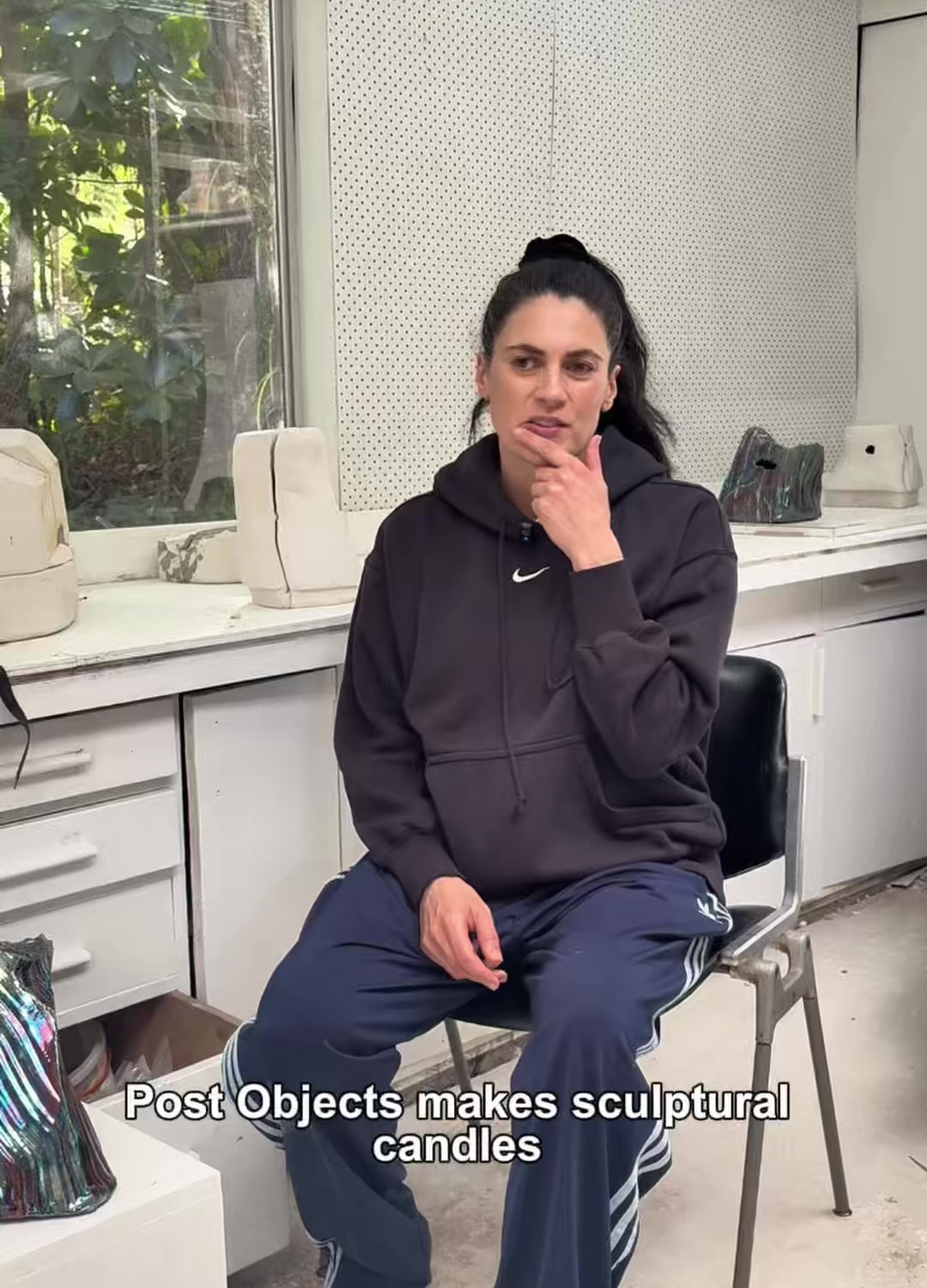 Load video: Liz Wycherley the founder of Post Objects in her studio describing how Post objects her sculptural candle company works