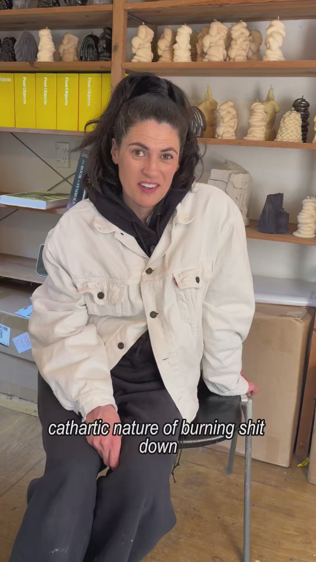 Load video: Liz Wycherley the founder of Post Objects in her studio describing how her sculptural candles idea came to her.